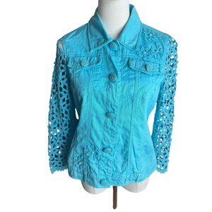 Just B Turquoise Eyelet Embroidered Jacket Size S | Floral Lace Sleeves & Beaded